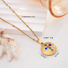 Vintage rainbow cz statement round coin pendant stainless steel chain necklace