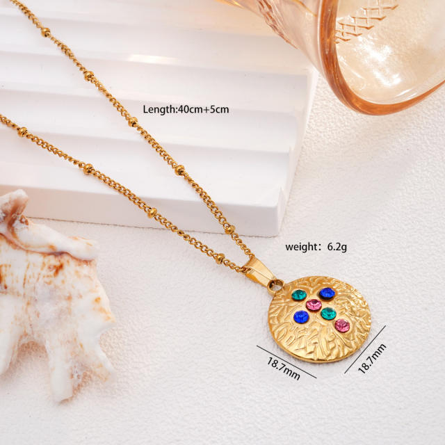 Vintage rainbow cz statement round coin pendant stainless steel chain necklace