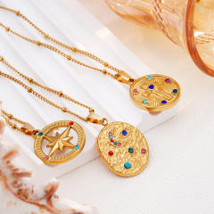 Vintage rainbow cz statement round coin pendant stainless steel chain necklace