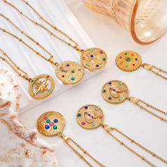Vintage rainbow cz statement round coin pendant stainless steel chain necklace
