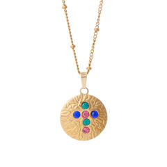 Vintage rainbow cz statement round coin pendant stainless steel chain necklace