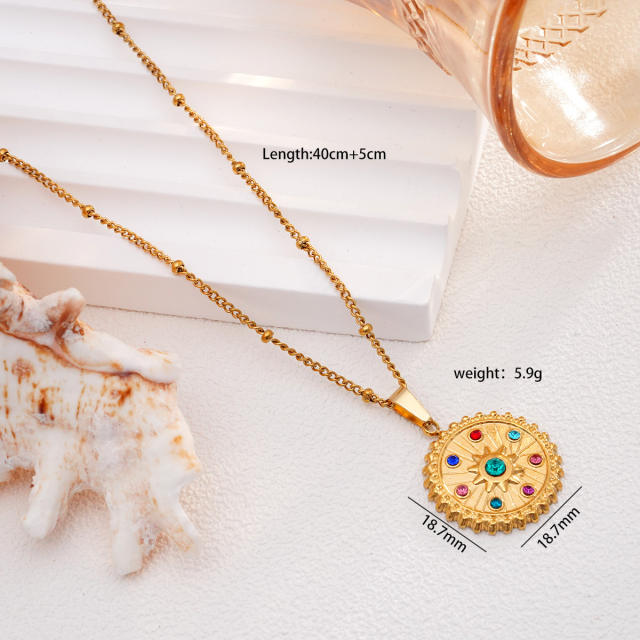 Vintage rainbow cz statement round coin pendant stainless steel chain necklace