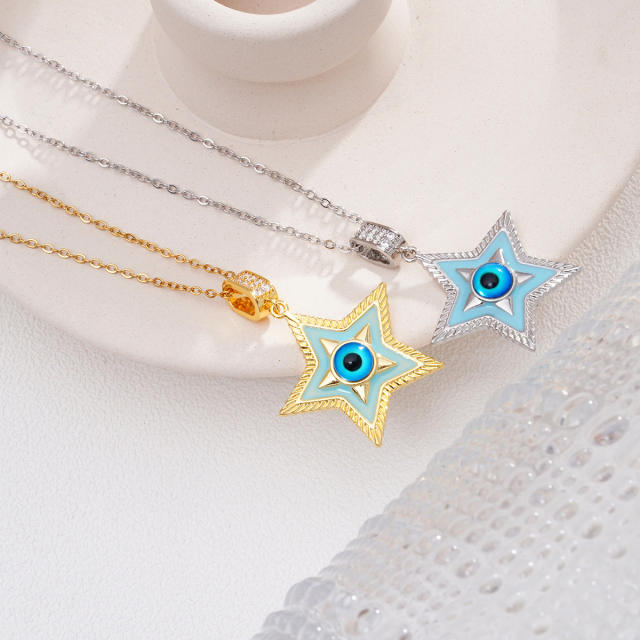Color enamel star pendant evil eye stainless steel chain necklac
