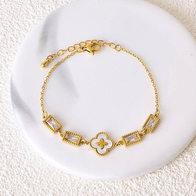 Delicate five petal flower clover cubic zircon emerald stainless steel bracelet
