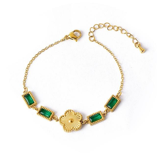 Delicate five petal flower clover cubic zircon emerald stainless steel bracelet