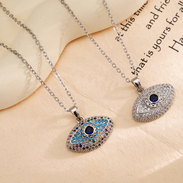 Delicate full diamond evil eye pendant stainless steel chain necklace