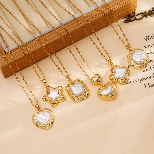 Elegant 18KG copper pearl heart clover star pendant stainless steel chain necklace