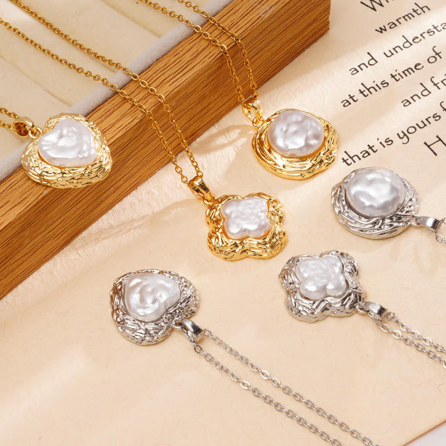 Elegant 18KG copper pearl heart clover star pendant stainless steel chain necklace