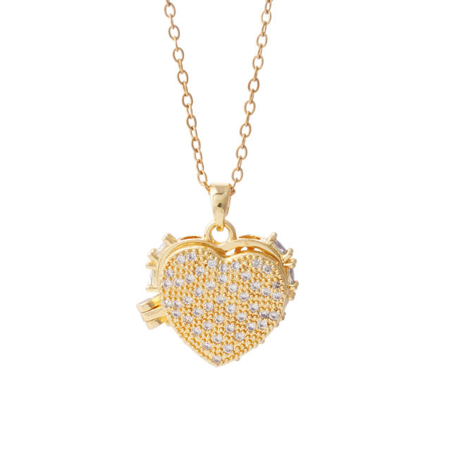 Full diamond heart pendant locket pendant stainless steel chain necklace
