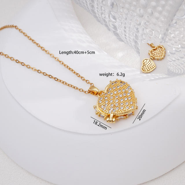 Full diamond heart pendant locket pendant stainless steel chain necklace