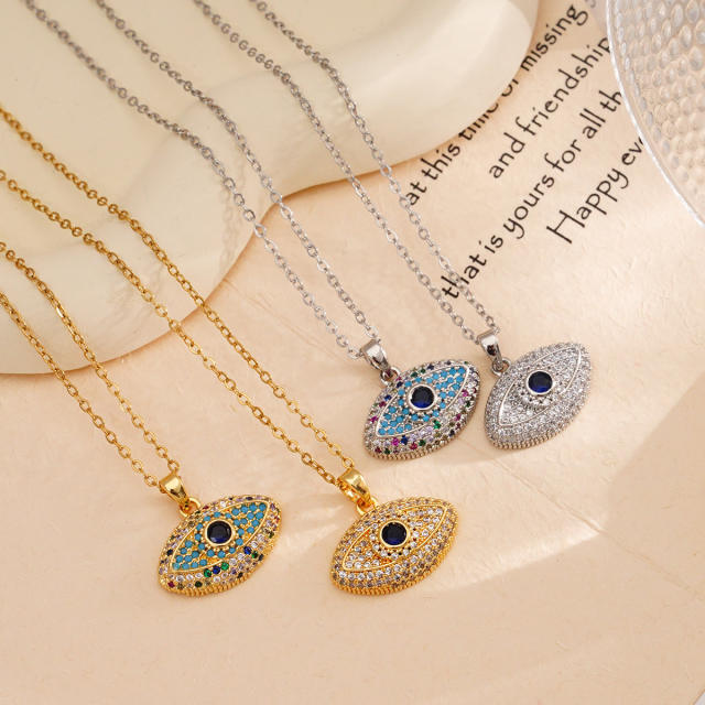 Delicate full diamond evil eye pendant stainless steel chain necklace