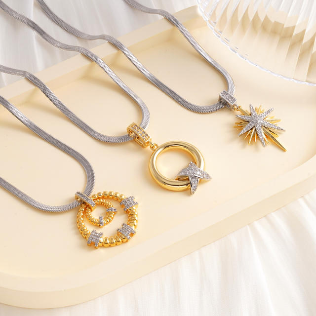 Delicate mix color gold plated copper pendant stainless steel chain necklace