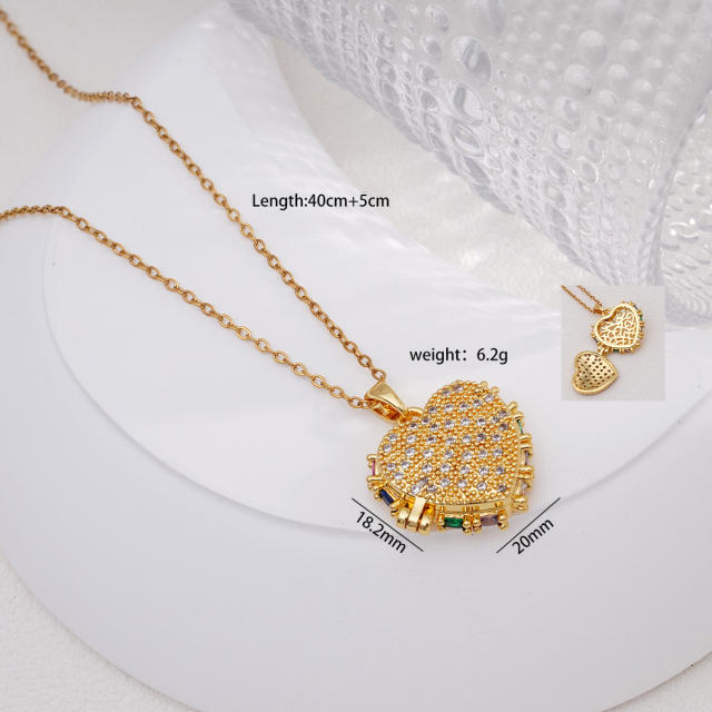 Full diamond heart pendant locket pendant stainless steel chain necklace