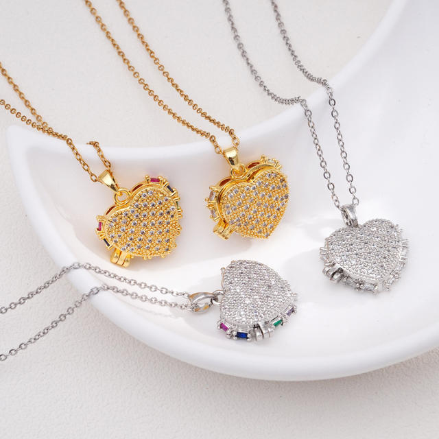 Full diamond heart pendant locket pendant stainless steel chain necklace
