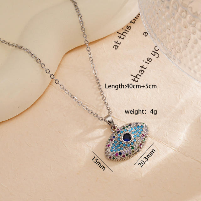 Delicate full diamond evil eye pendant stainless steel chain necklace