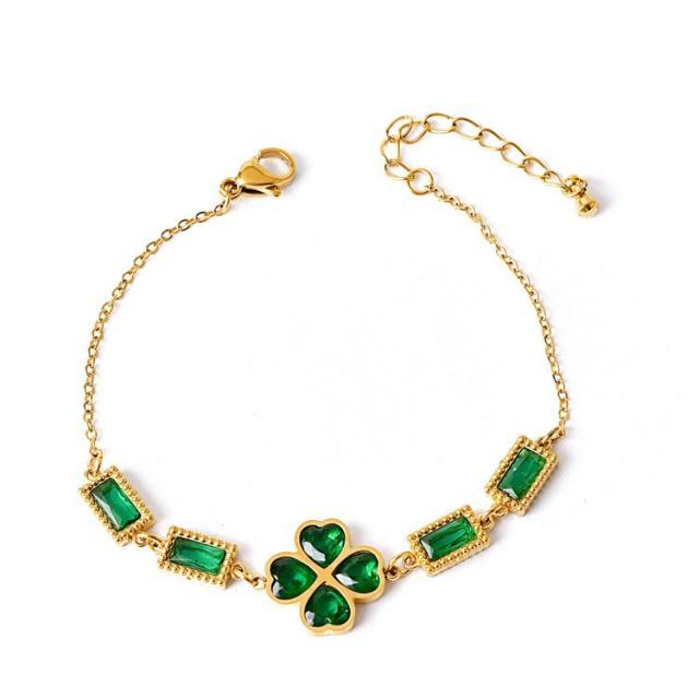 Delicate five petal flower clover cubic zircon emerald stainless steel bracelet
