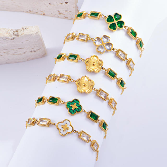 Delicate five petal flower clover cubic zircon emerald stainless steel bracelet