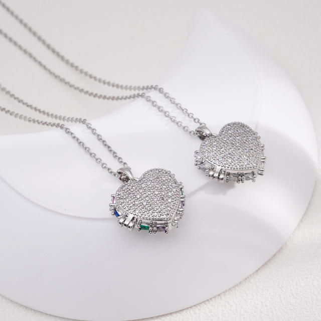 Full diamond heart pendant locket pendant stainless steel chain necklace