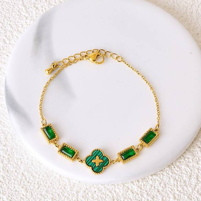 Delicate five petal flower clover cubic zircon emerald stainless steel bracelet