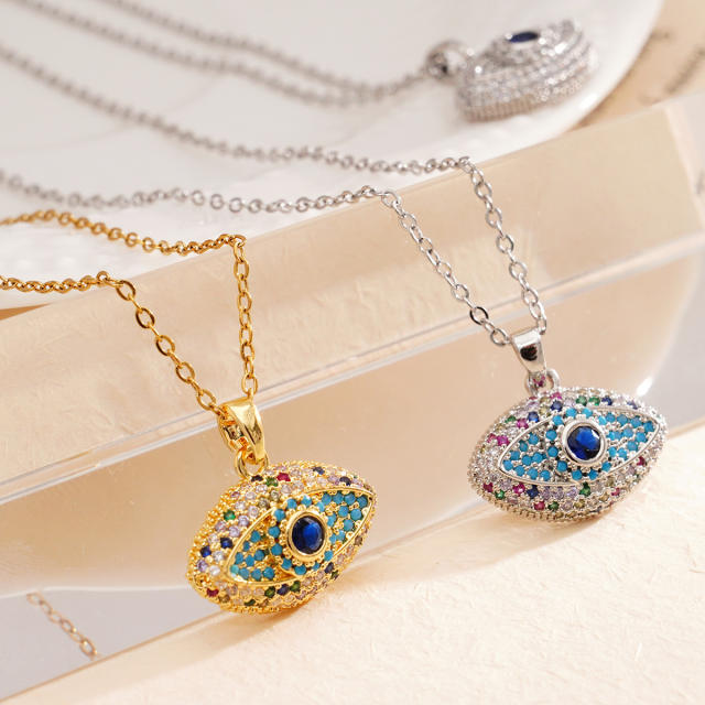 Delicate full diamond evil eye pendant stainless steel chain necklace