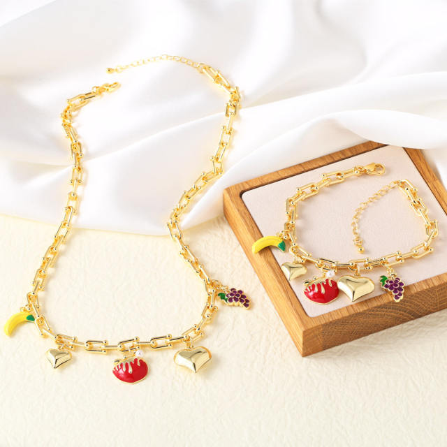 Sweet heart color enamel fruit charm gold plated copper necklace bracelet set