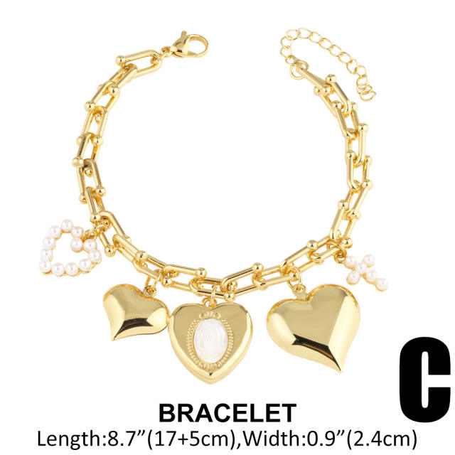 Chunky heart charm gold plated copper women bracelet