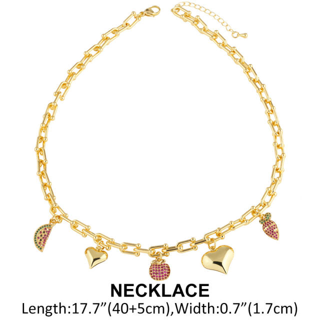 Sweet full diamond watermelon heart charm gold plated copper necklace bracelet set