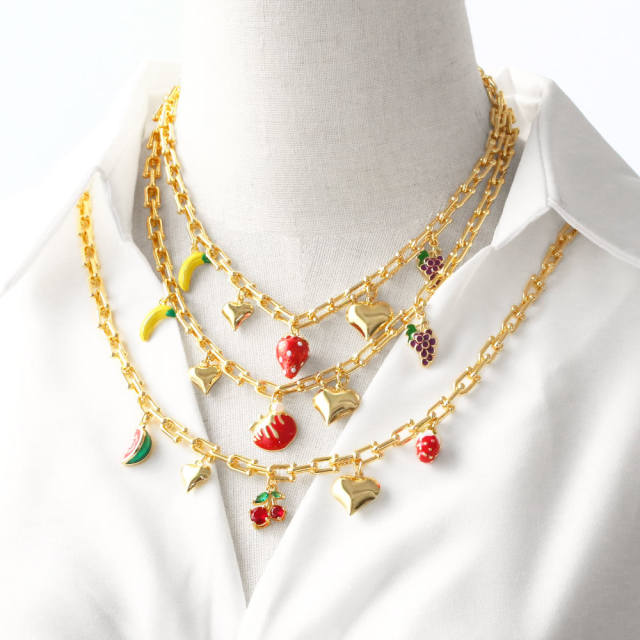 Sweet heart color enamel fruit charm gold plated copper necklace bracelet set