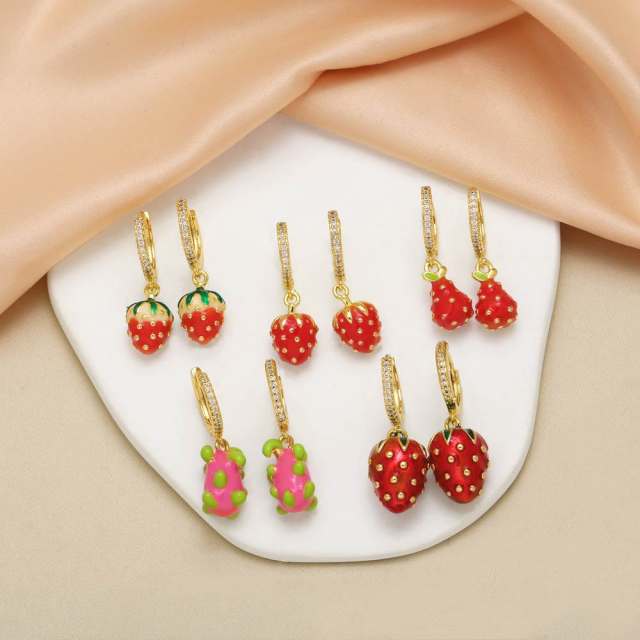 Hot sale Fruit Strawberry Pitaya enamel Gold Plated copper earrings
