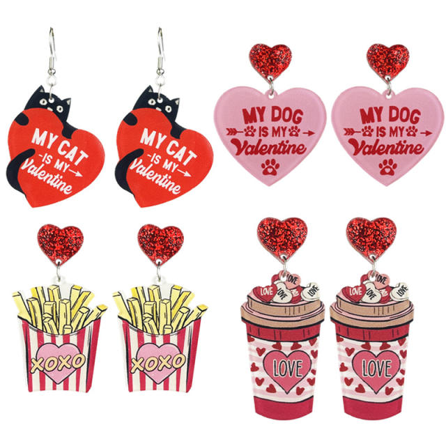 Valentine's Day acrylic heart earrings cat food lovers lover earrings 2pair price