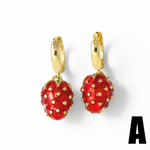 Sweet red color strawberry cherry smooth gold plated copper huggie earrings
