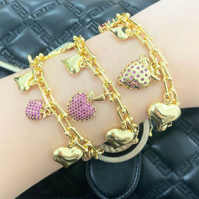 Sweet gold plated copper heart chain diamond fruit charm necklace bracelet set