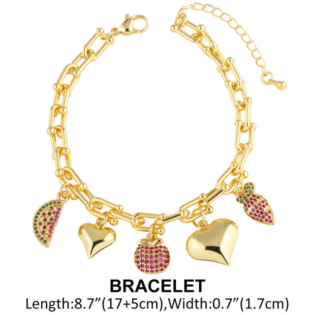 Sweet full diamond watermelon heart charm gold plated copper necklace bracelet set