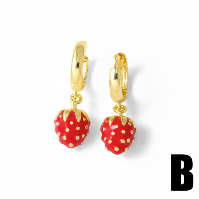 Sweet red color strawberry cherry smooth gold plated copper huggie earrings