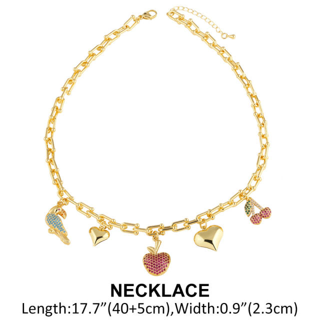 Sweet gold plated copper heart chain diamond fruit charm necklace bracelet set