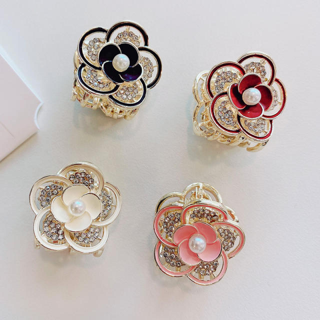 Colorful camellia flower rhinestone small size hair claw clips