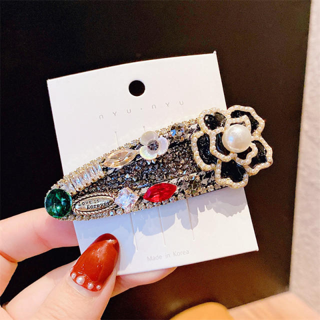 Elegant winter camellia flower pearl bead crystal snap hair clips