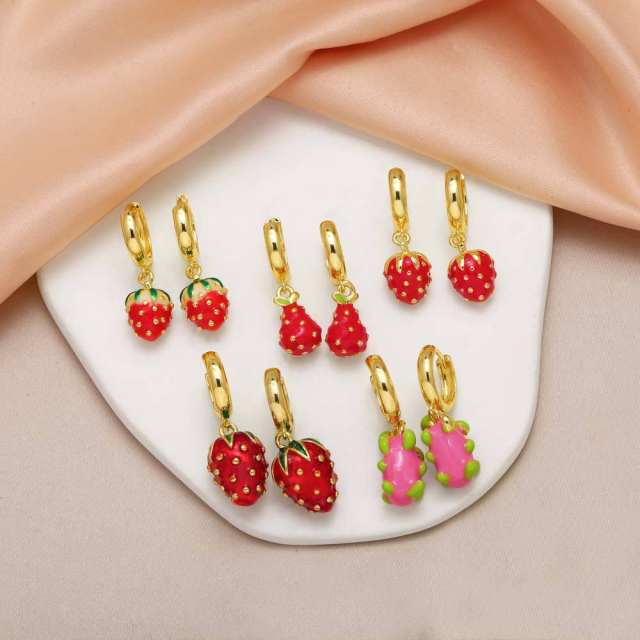Sweet red color strawberry cherry smooth gold plated copper huggie earrings