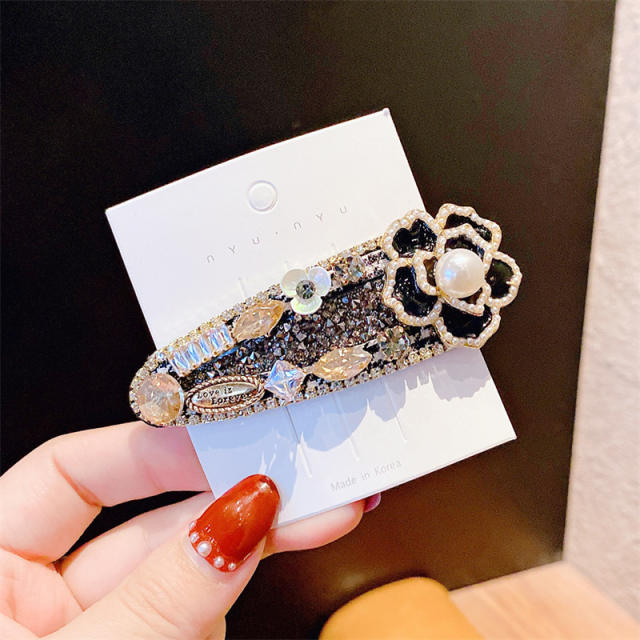 Elegant winter camellia flower pearl bead crystal snap hair clips