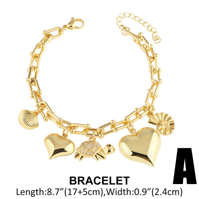 Chunky heart charm gold plated copper women bracelet