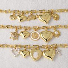 Chunky heart charm gold plated copper women bracelet