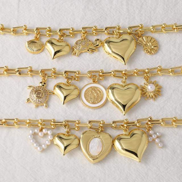 Chunky heart charm gold plated copper women bracelet