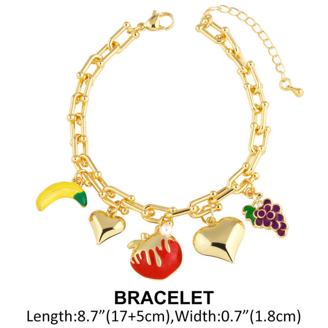 Sweet heart color enamel fruit charm gold plated copper necklace bracelet set