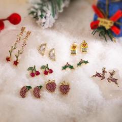 Fresh Sweet Christmas Elk Christmas Atmosphere Ear Stud Female Strawberry Banana Pineapple Fruit Earrings