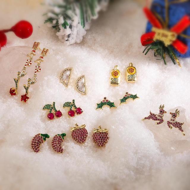 Fresh Sweet Christmas Elk Christmas Atmosphere Ear Stud Female Strawberry Banana Pineapple Fruit Earrings