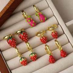 Sweet red color strawberry cherry smooth gold plated copper huggie earrings