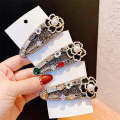 Elegant winter camellia flower pearl bead crystal snap hair clips