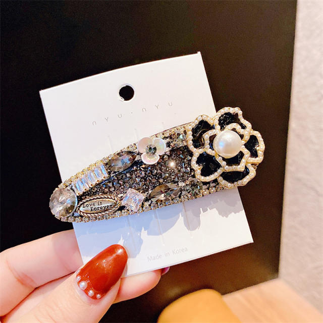 Elegant winter camellia flower pearl bead crystal snap hair clips