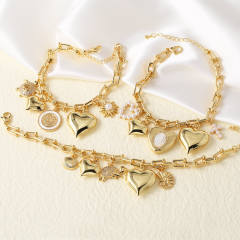 Chunky heart charm gold plated copper women bracelet