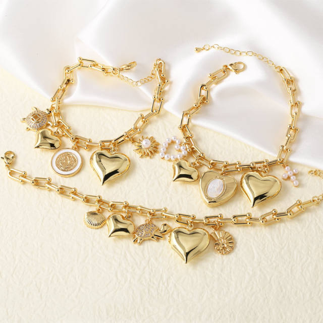 Chunky heart charm gold plated copper women bracelet